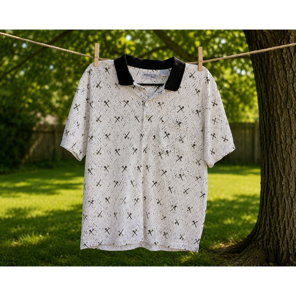 Penguin Sport Golf Polo Shirt Men's L White Black Print Short Sleeve‎ Vintage